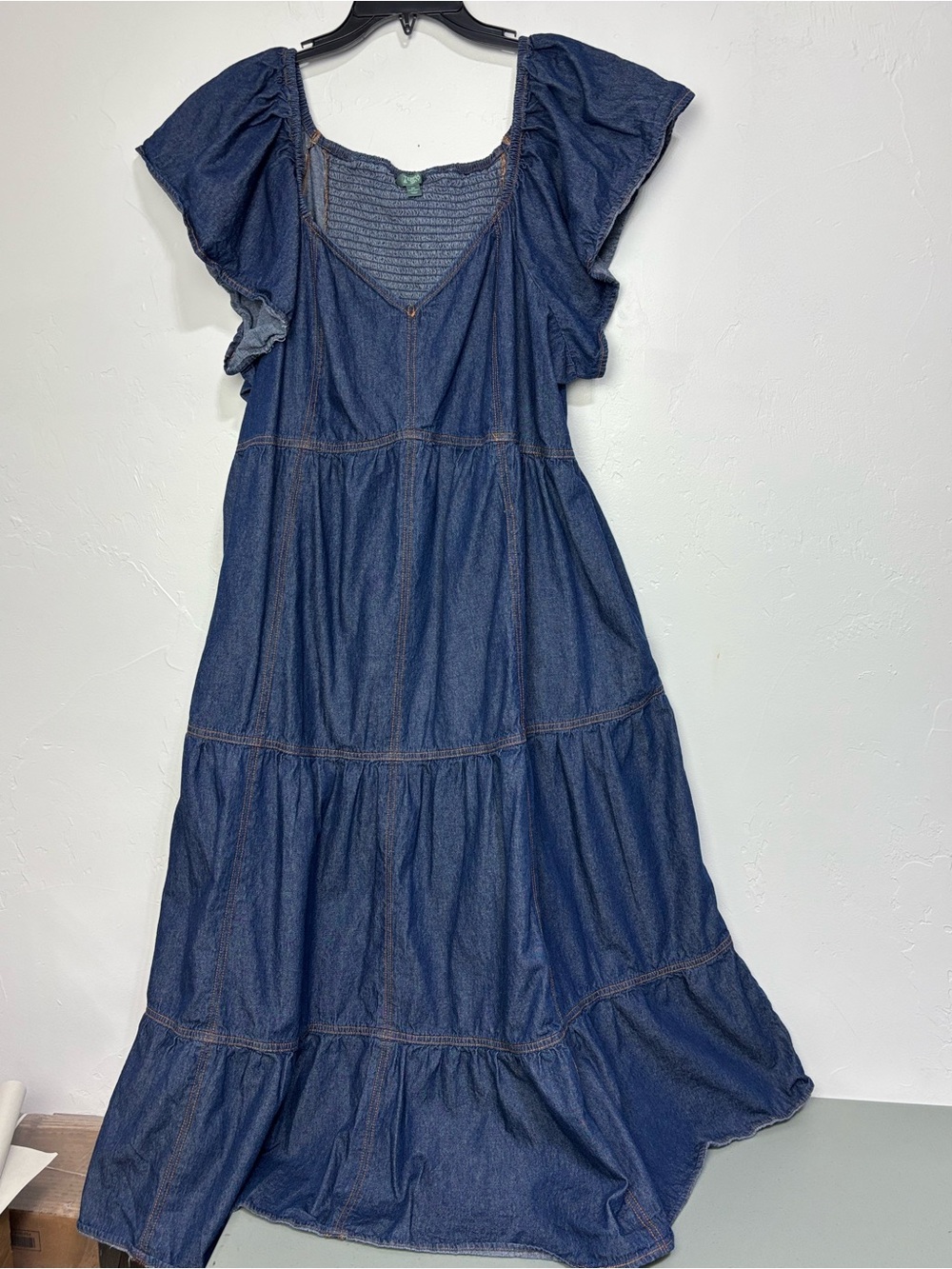Terra & Sky Women's 2X Blue Denim Smocked Sweetheart Neck Tiered Maxi Dress Boho